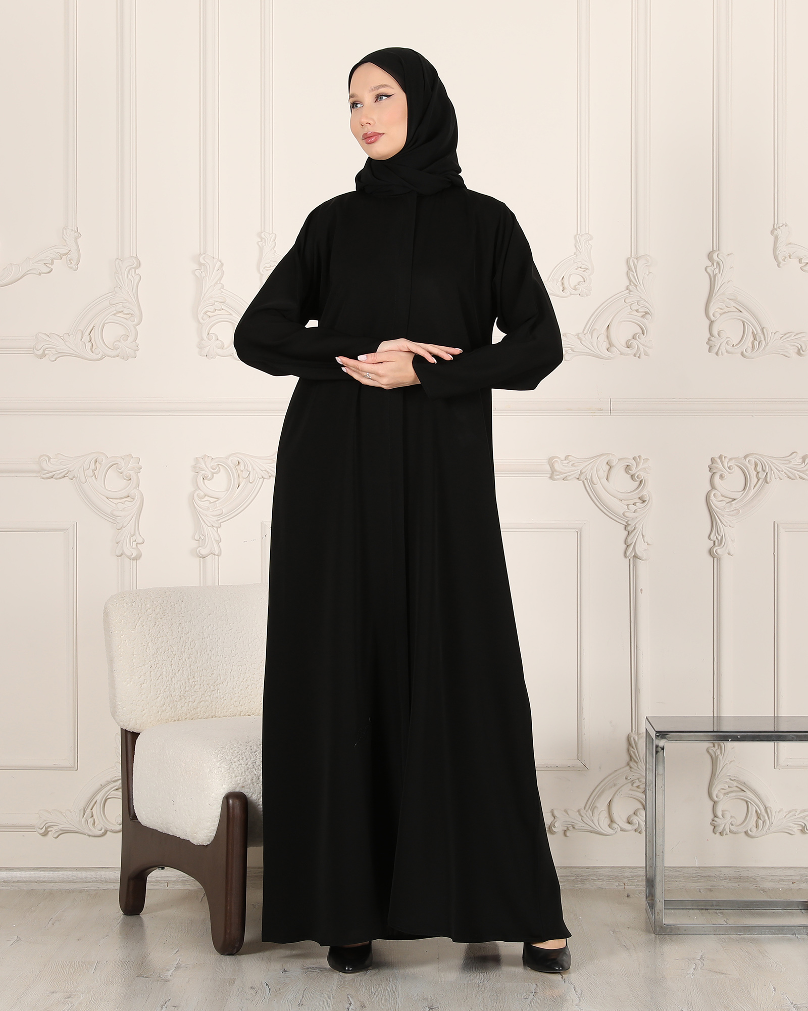 2J2A9140 Leyali Dubai Sade Fermuarlı Ferace - Görsel 1