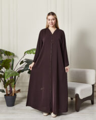 Leyali Dubai | Kristal Şerit İşlemeli V Yaka Mürdüm İpek Abaya - Görsel 4