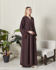 Leyali Dubai Fransız Dantel Detaylı Mürdüm İpek Abaya