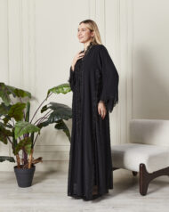Leyali Dubai | Boydan Dantel İşlemeli ve Kristal Işıltılı Lüks İpek Abaya - Görsel 7