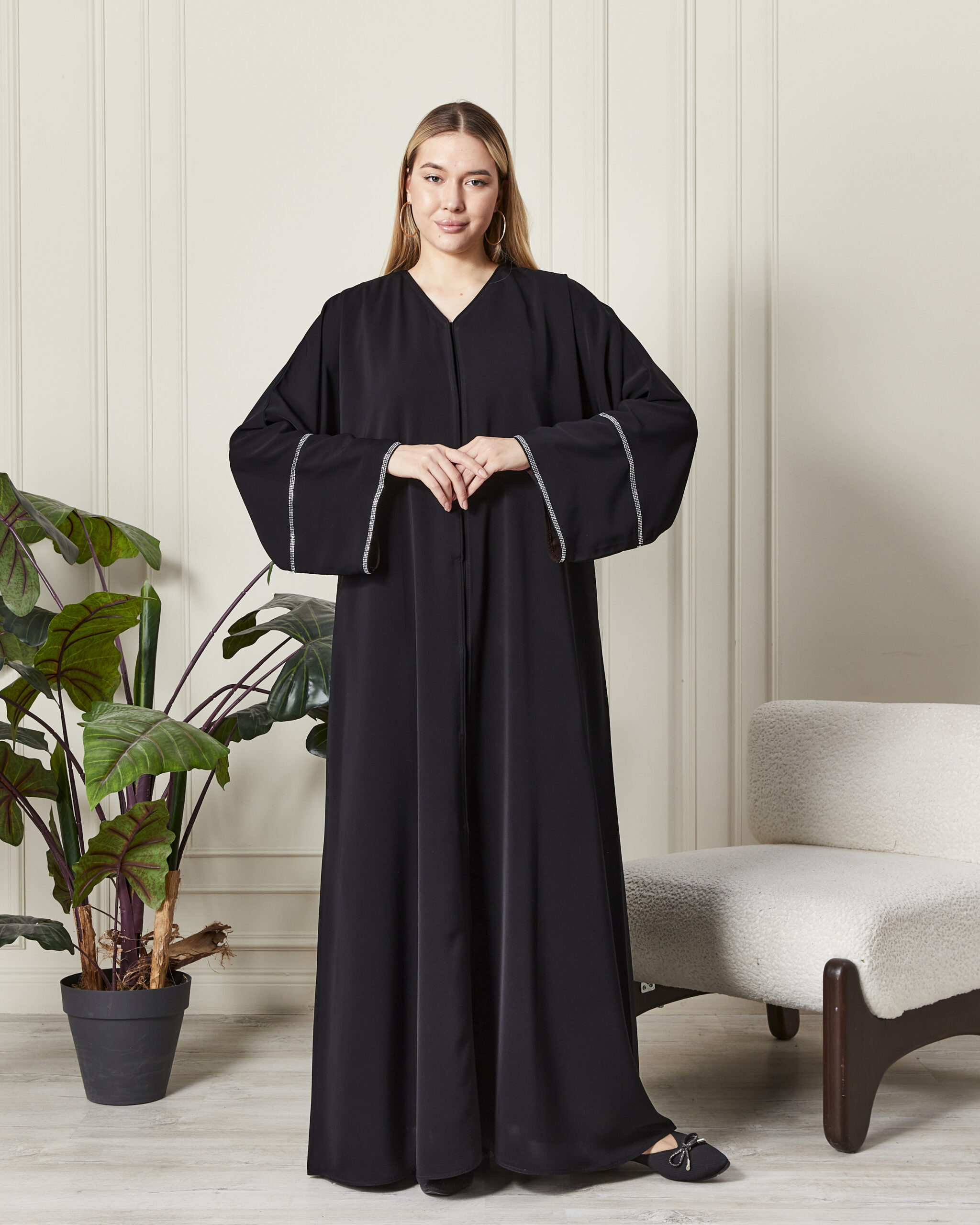 _RCL0135 Leyali Dubai | 3 Sıra Swarovski Detaylı Abaya - Görsel 1